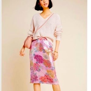 Anthropologie Pailette Sequin Pink Floral Skirt Size 6 NWT